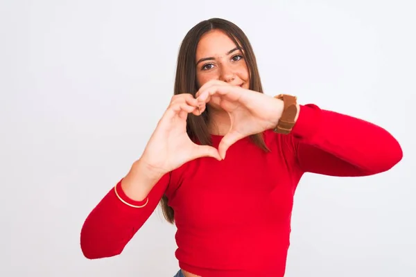 Junges Schönes Mädchen Rotem Lässigem Shirt Das Über Isoliertem Weißem — Stockfoto