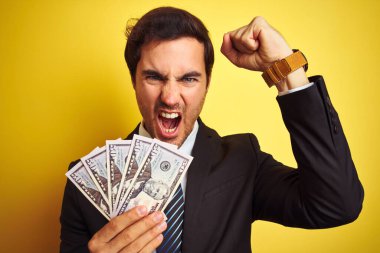 Takım elbiseli genç yakışıklı işadamı, dolarları izole edilmiş sarı arka planda tutuyordu. Sinirli ve bıkkın bir şekilde bağırıyordu. Öfkeyle bağırıyordu.