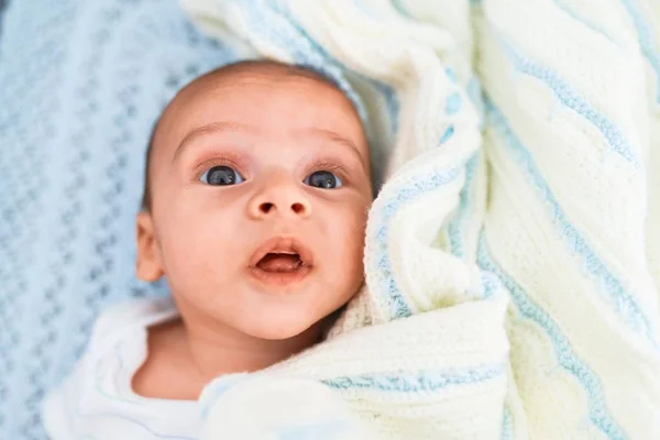 Adorable Baby Lying Sofa Home Newborn Relaxing Resting Comfortable — Stock Photo, Image