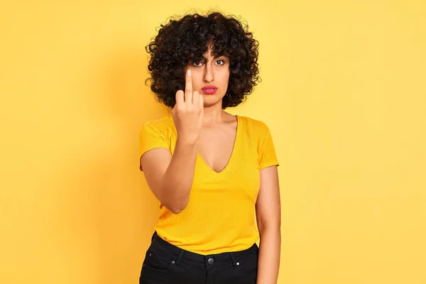 Young Arab Woman Curly Hair Wearing Shirt Standing Isolated Yellow — Stockfoto