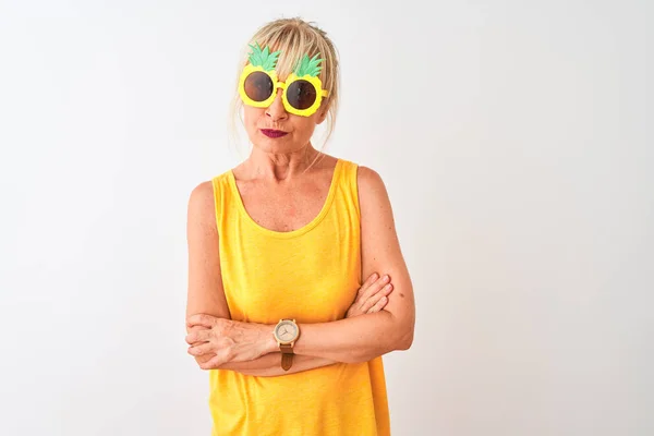 Middle Age Woman Vacation Wearing Pineapple Sunglasses Isolated White Background — Stock Photo, Image