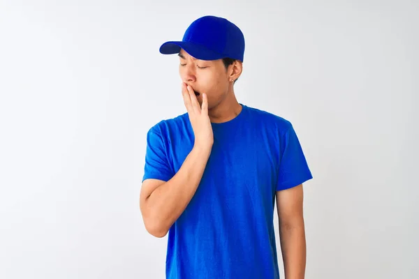 Chinese Deliveryman Wearing Blue Shirt Cap Standing Isolated White Background — Stock Photo, Image