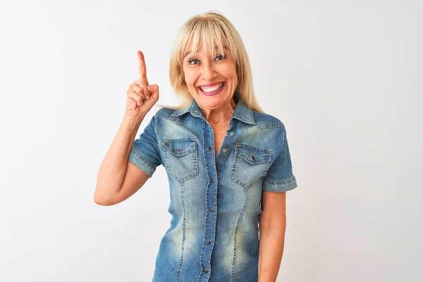 Middle Age Woman Wearing Casual Denim Shirt Standing Isolated White — Stock Photo, Image