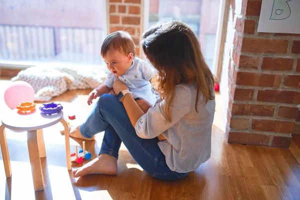 Beautiful Teacher Toddler Playing Lots Toys Kindergarten — Stock Photo, Image