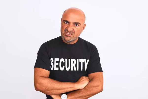 Hombre Salvaguardia Mediana Edad Vistiendo Uniforme Seguridad Pie Sobre Fondo —  Fotos de Stock