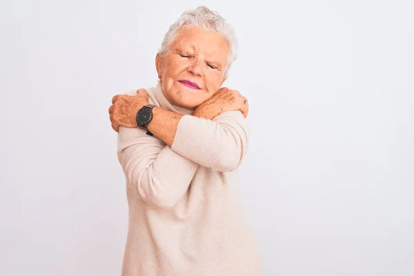 Senior Grey Haired Woman Wearing Turtleneck Sweater Standing Isolated White — Stock Photo, Image