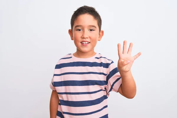 Hermoso Niño Usando Casual Rayas Camiseta Pie Sobre Fondo Blanco —  Fotos de Stock