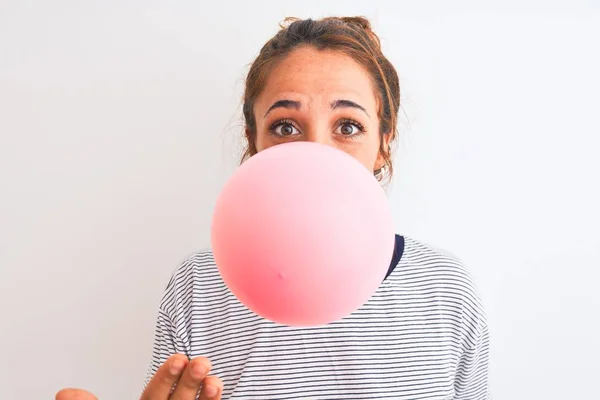 Young Redhead Woman Chewing Gum Blowing Hair Bubble White Isolated — Stock Photo, Image