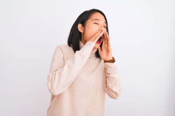 Young Chinese Woman Wearing Turtleneck Sweater Standing Isolated White Background — Stock Photo, Image