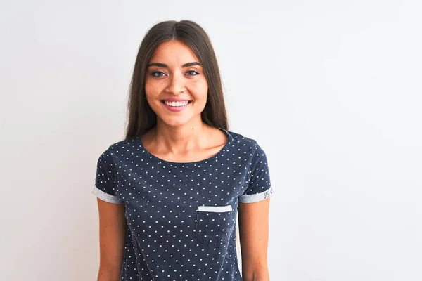 Mujer Hermosa Joven Con Camiseta Azul Casual Pie Sobre Fondo —  Fotos de Stock