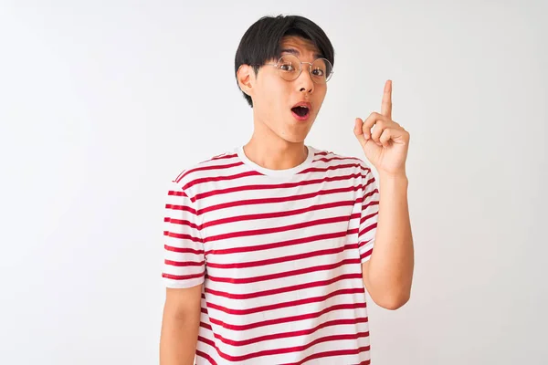 Young Chinese Man Wearing Glasses Striped Shirt Standing Isolated White — 스톡 사진