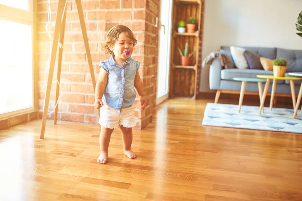 Beautiful Toddler Child Girl Wearing Blue Denim Shirt Standing Floor — Stock Photo, Image