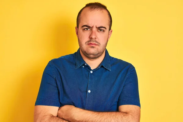 Young Man Wearing Denim Casual Shirt Standing Isolated Yellow Background — 스톡 사진