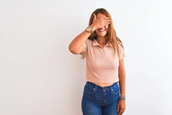 Young Redhead Woman Stading White Isolated Background Smiling Laughing Hand — 스톡 사진