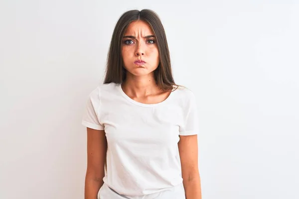 Ung Vacker Kvinna Klädd Casual Shirt Stående Över Isolerad Vit — Stockfoto