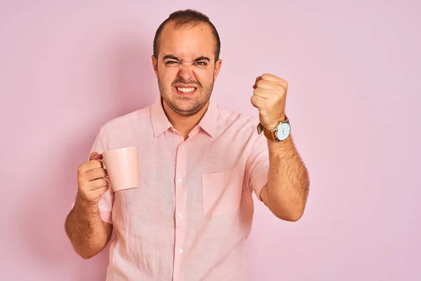 Young Man Drinking Cup Coffee Standing Isolated Pink Background Annoyed — 스톡 사진