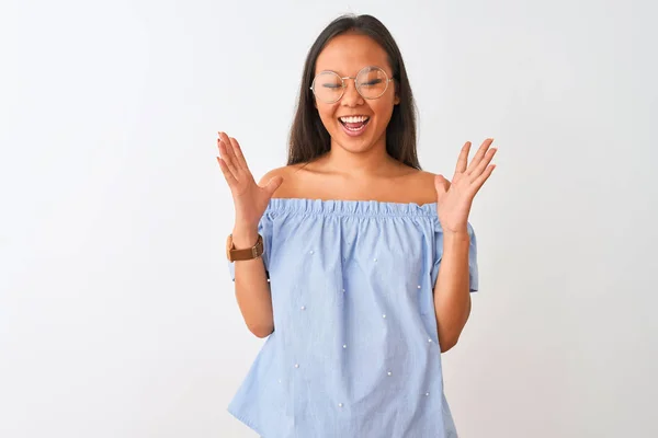 Young Chinese Woman Wearing Blue Shirt Glasses Isolated White Background — 스톡 사진