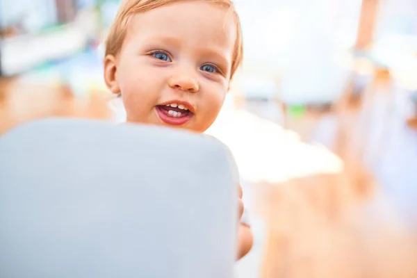 Adorable Blonde Toddler Smiling Happy Playing Lots Toys Kindergarten — Stock Photo, Image