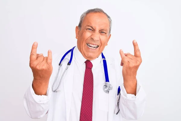 Senior Grey Haired Doctor Man Wearing Stethoscope Standing Isolated White — Stock Photo, Image