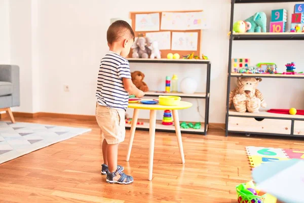 Beautiful Toddler Boy Playing Meals Plastic Plates Fruits Vegetables Kindergarten — Stock Photo, Image