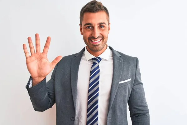 Joven Hombre Negocios Guapo Usando Traje Corbata Sobre Fondo Aislado —  Fotos de Stock