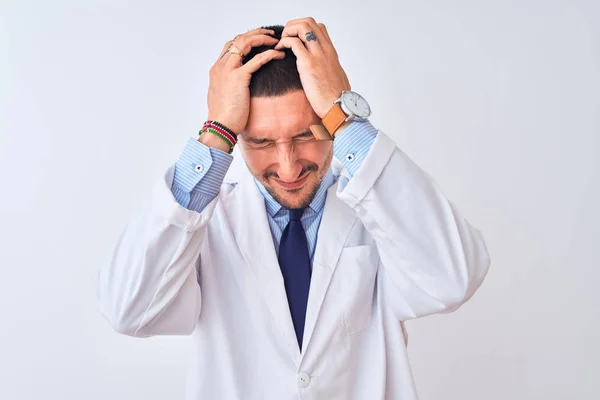 Young Doctor Man Wearing White Coat Isolated Background Suffering Headache — 스톡 사진