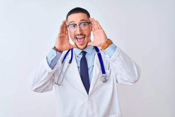 Young Doctor Man Wearing Stethoscope Isolated Background Smiling Cheerful Playing — 图库照片