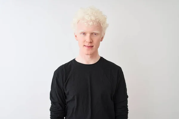 Young Albino Blond Man Wearing Black Shirt Standing Isolated White — 스톡 사진