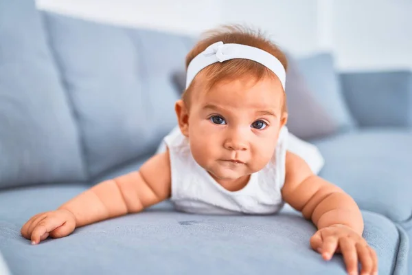 Adorable Baby Lying Sofa Home Newborn Relaxing Resting Comfortable — Stock Photo, Image