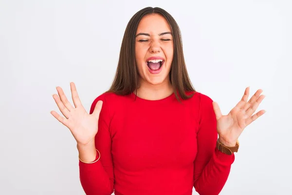 Junges Schönes Mädchen Rotem Lässigem Shirt Das Vor Isoliertem Weißem — Stockfoto