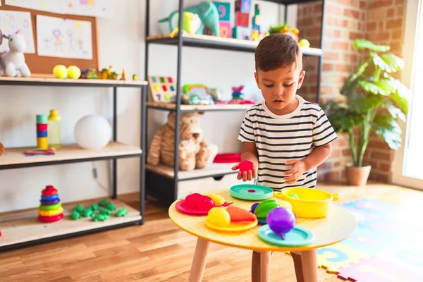 Beautiful Toddler Boy Playing Meals Plastic Plates Fruits Vegetables Kindergarten — Stock Photo, Image