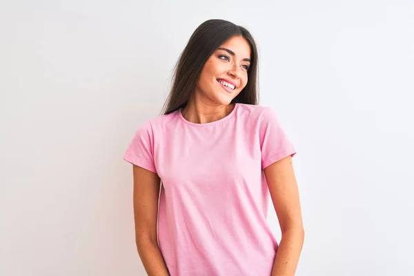 Young Beautiful Woman Wearing Pink Casual Shirt Standing Isolated White — 스톡 사진