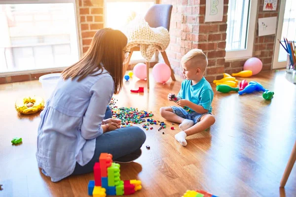 Young Caucasian Child Playing Playschool Teacher Mother Son Playroom Bulding — Stock Photo, Image