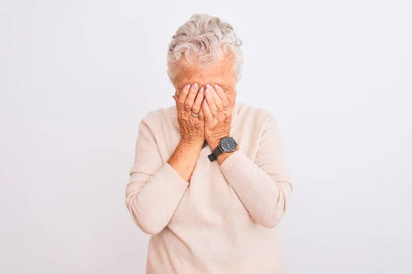 Senior Grijs Harige Vrouw Draagt Coltrui Staan Geïsoleerde Witte Achtergrond — Stockfoto