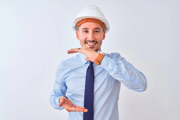 Junger Geschäftsmann Mit Bauunternehmer Schutzhelm Über Isoliertem Hintergrund Gestikulierend Mit — Stockfoto