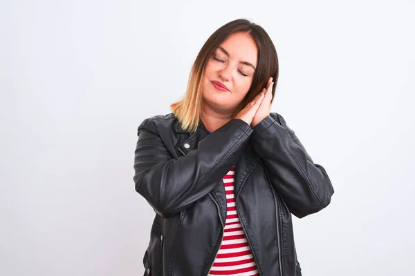 Young Beautiful Woman Wearing Striped Shirt Jacket Isolated White Background — Stock Photo, Image