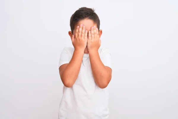 Mooie Jongen Draagt Casual Shirt Staan Geïsoleerde Witte Achtergrond Met — Stockfoto