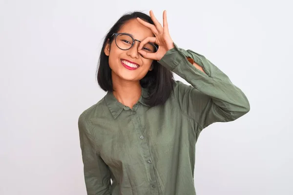 Young Chinese Woman Wearing Green Shirt Glasses Isolated White Background — Stock Photo, Image