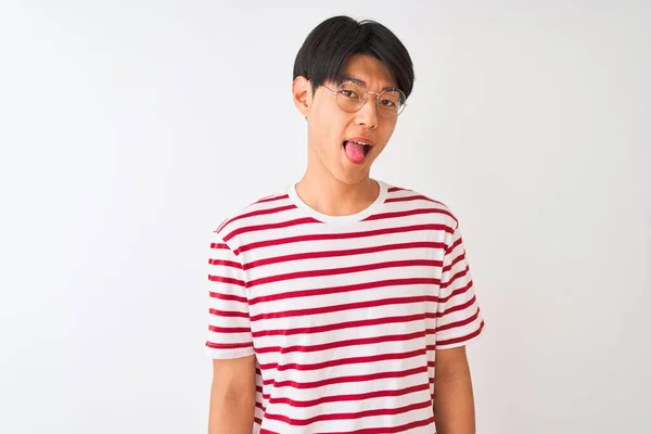 Jeune Homme Chinois Portant Des Lunettes Shirt Rayé Debout Sur — Photo