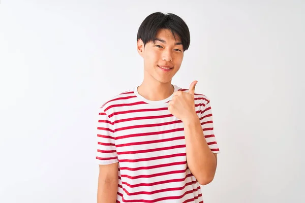 Young Chinese Man Wearing Casual Striped Shirt Standing Isolated White — Stock Photo, Image