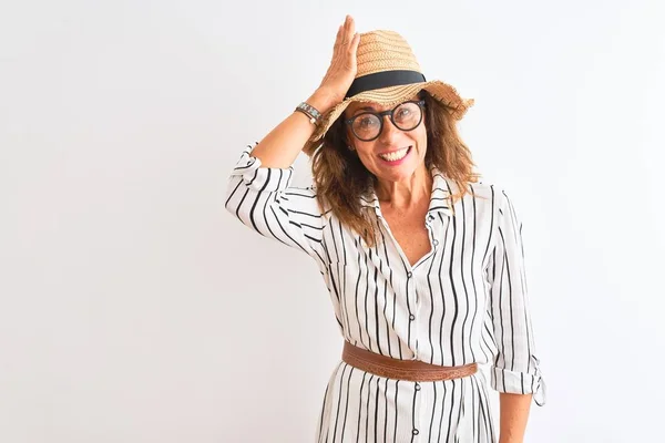 Middle Age Businesswoman Wearing Striped Dress Glasses Hat Isolated White — 스톡 사진