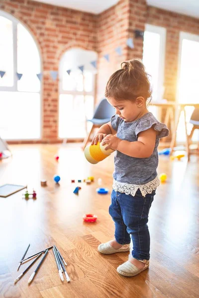 Beautiful Toddler Holding Plastic Glass Kindergarten — Stock Photo, Image