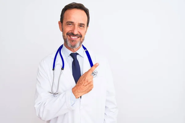 Middle Age Doctor Man Wearing Coat Stethoscope Standing Isolated White — 스톡 사진