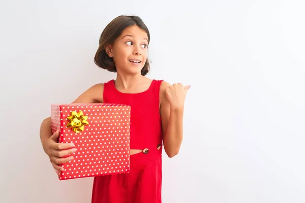 Beautiful Child Girl Holding Birthday Gift Standing Isolated White Background — ストック写真