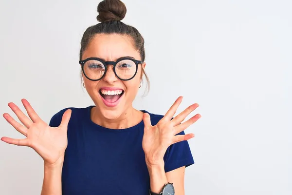 Beautiful Woman Bun Wearing Blue Shirt Glasses Isolated White Background — ストック写真