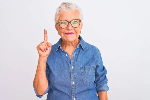 Yaşlı Gri Saçlı Kot Gömlek Gözlüklü Bir Kadın Izole Edilmiş — Stok fotoğraf