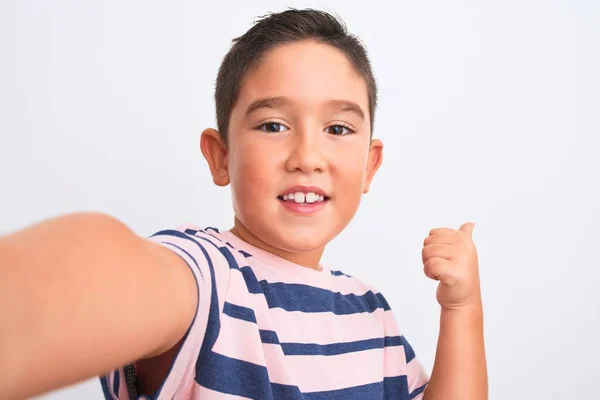 Beautiful Kid Boy Wearing Casual Striped Shirt Make Selfie Isolated — 스톡 사진