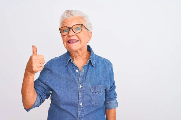 Senior Mulher Cabelos Grisalhos Vestindo Camisa Jeans Óculos Sobre Fundo — Fotografia de Stock