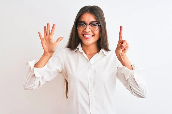 Young Beautiful Businesswoman Wearing Glasses Standing Isolated White Background Showing — Stock Photo, Image