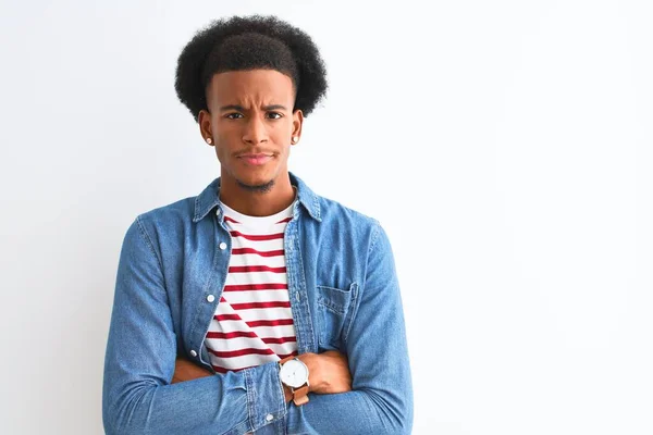 Afrikanisch Amerikanischer Mann Gestreiftem Shirt Und Jeansjacke Über Isoliertem Weißem — Stockfoto